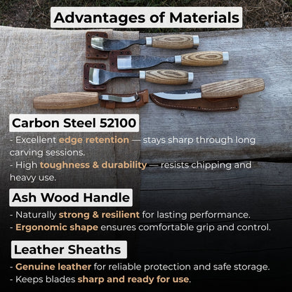 5-Piece Spoon &amp; Bowl Carving Tool Set with Leather Sheaths