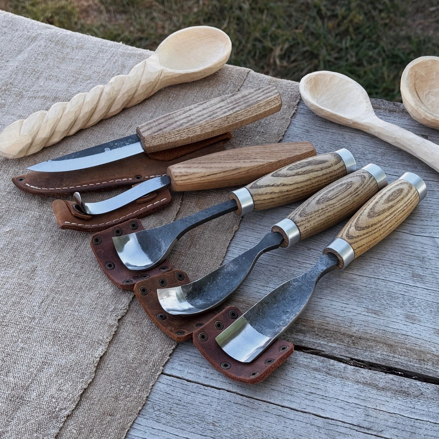 5-Piece Spoon &amp; Bowl Carving Tool Set with Leather Sheaths
