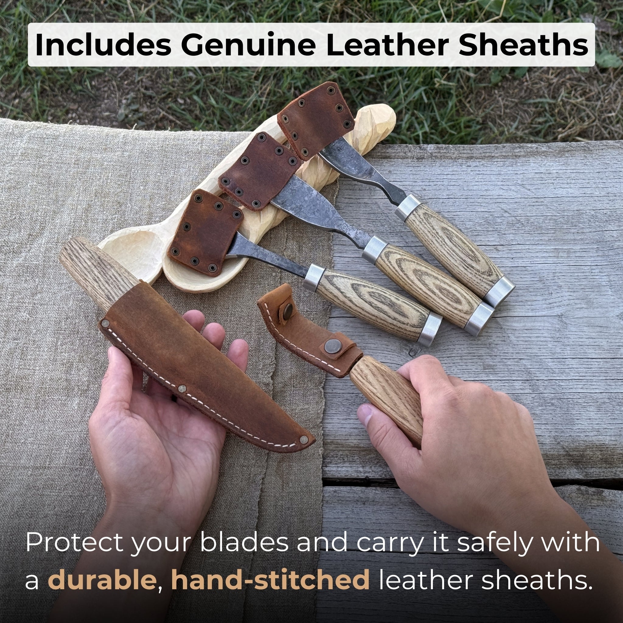 5-Piece Spoon &amp; Bowl Carving Tool Set with Leather Sheaths