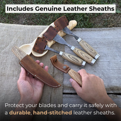 5-Piece Spoon &amp; Bowl Carving Tool Set with Leather Sheaths