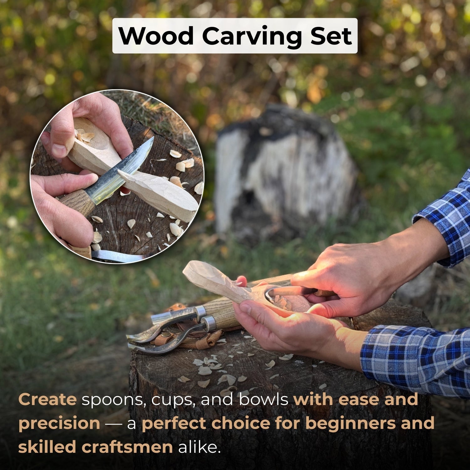5-Piece Spoon &amp; Bowl Carving Tool Set with Leather Sheaths