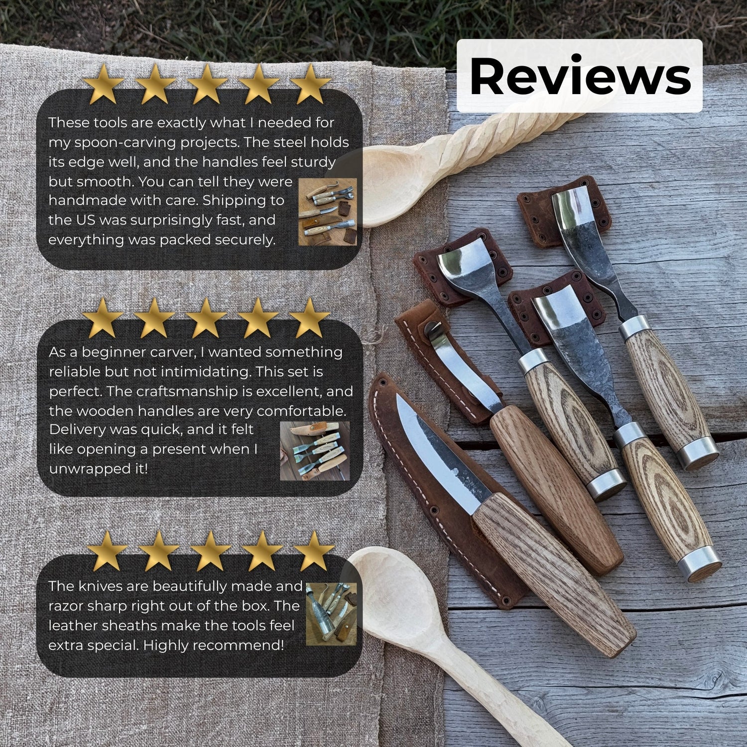 5-Piece Spoon &amp; Bowl Carving Tool Set with Leather Sheaths