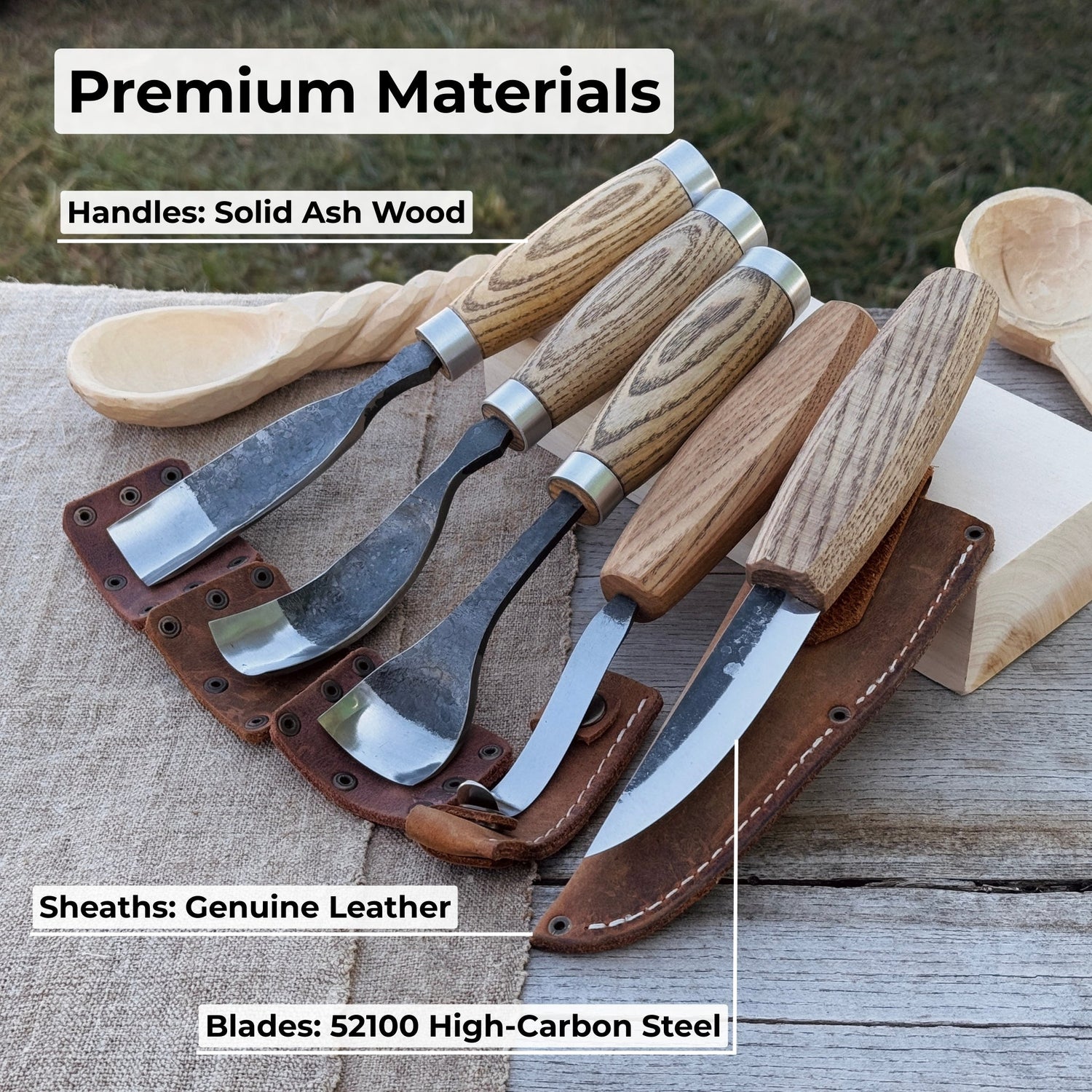 5-Piece Spoon &amp; Bowl Carving Tool Set with Leather Sheaths