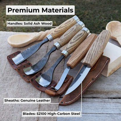 5-Piece Spoon &amp; Bowl Carving Tool Set with Leather Sheaths