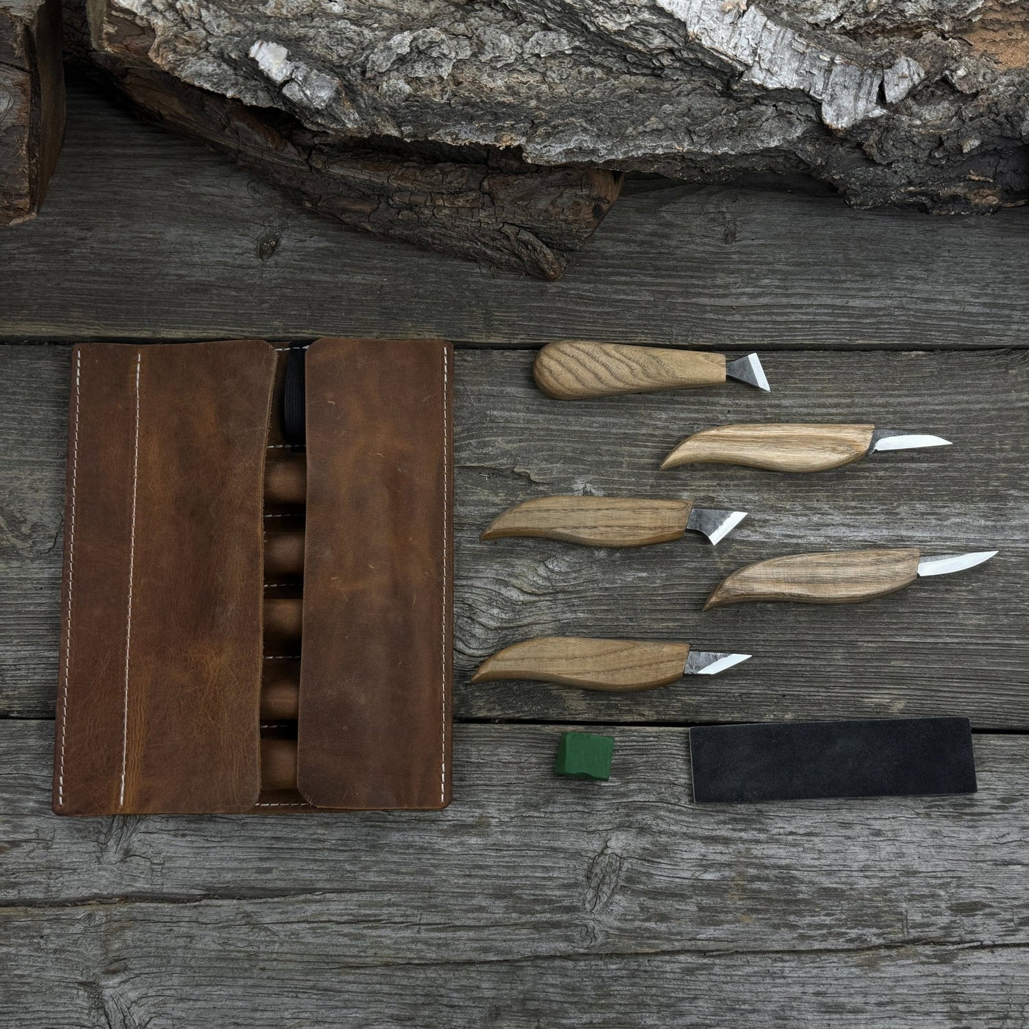 5-Piece Wood Carving Knife Set with Sharpening Board &amp; Leather Case