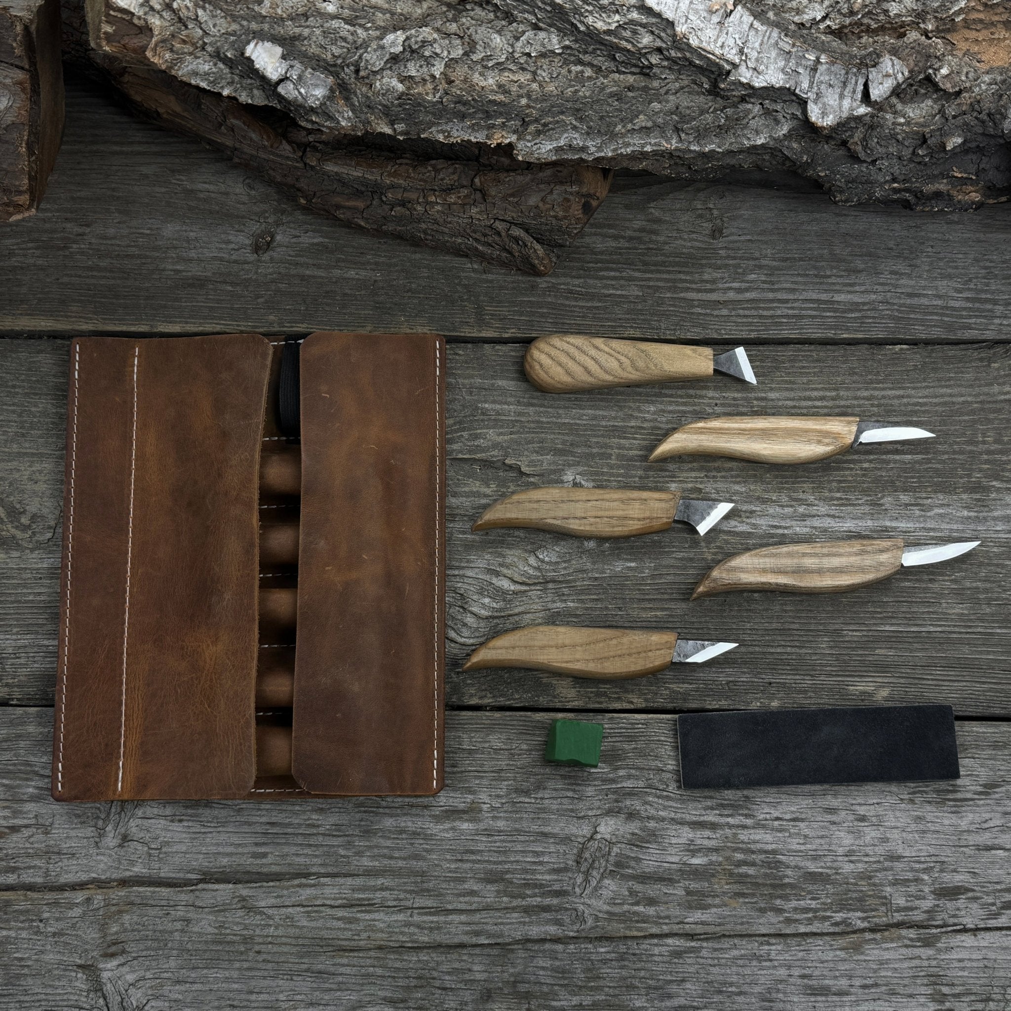 5-Piece Wood Carving Knife Set with Sharpening Board &amp; Leather Case