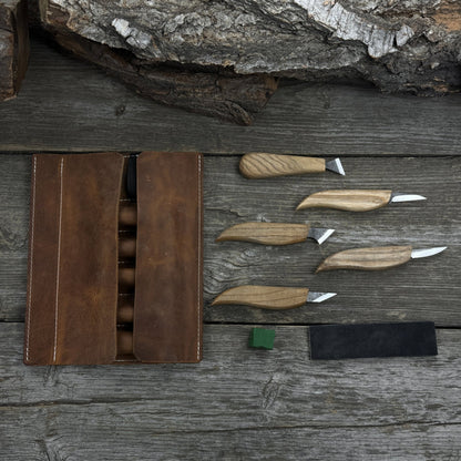 5-Piece Wood Carving Knife Set with Sharpening Board &amp; Leather Case