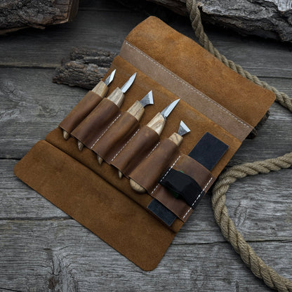 5-Piece Wood Carving Knife Set with Sharpening Board &amp; Leather Case