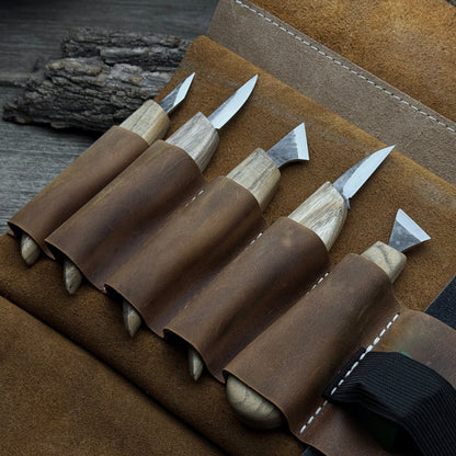 5-Piece Wood Carving Knife Set with Sharpening Board &amp; Leather Case