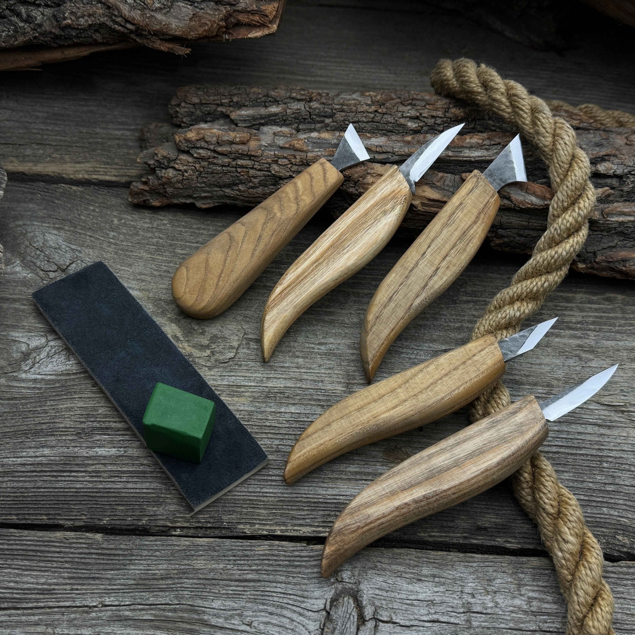 5-Piece Wood Carving Knife Set with Sharpening Board &amp; Leather Case
