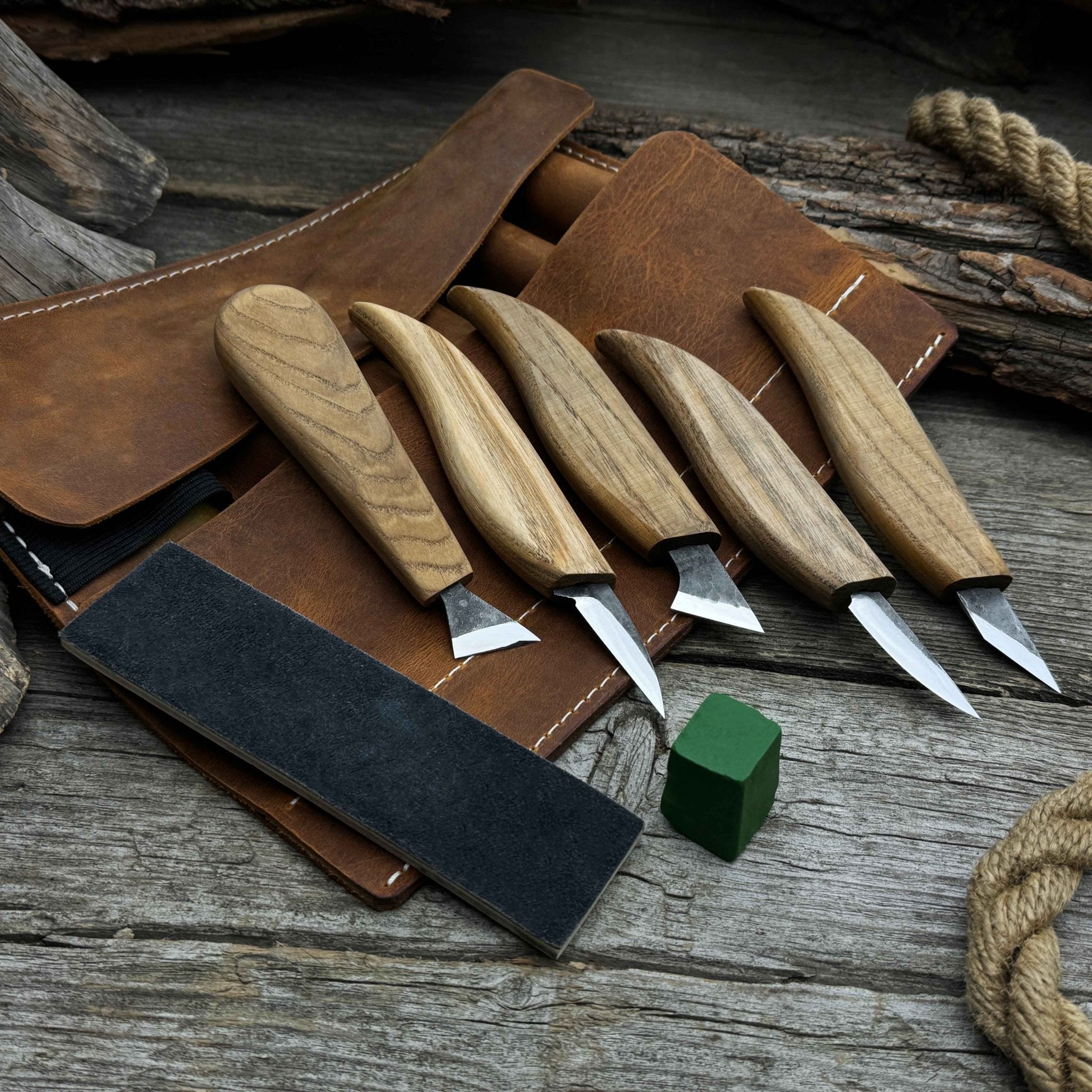 5-Piece Wood Carving Knife Set with Sharpening Board &amp; Leather Case
