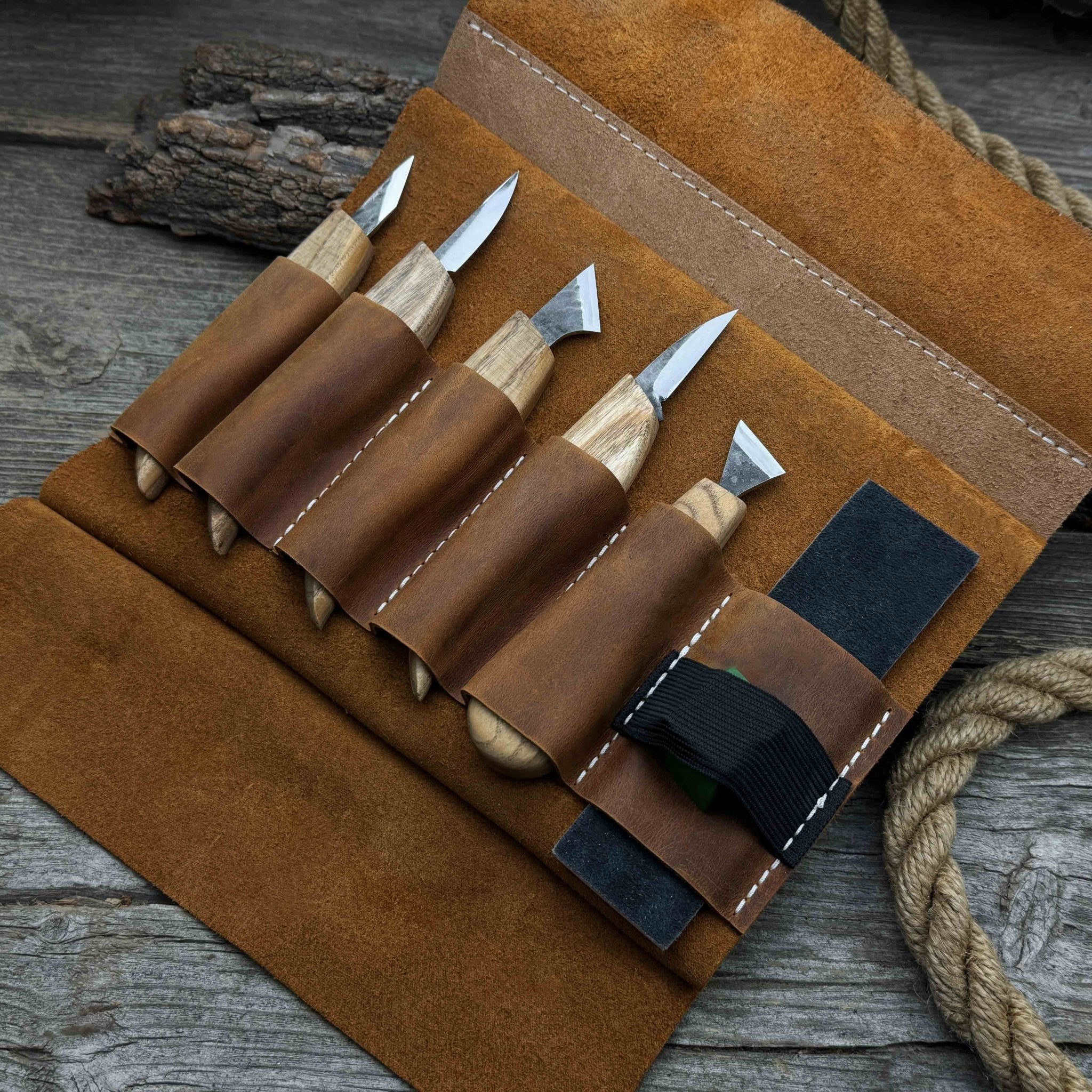 5-Piece Wood Carving Knife Set with Sharpening Board &amp; Leather Case
