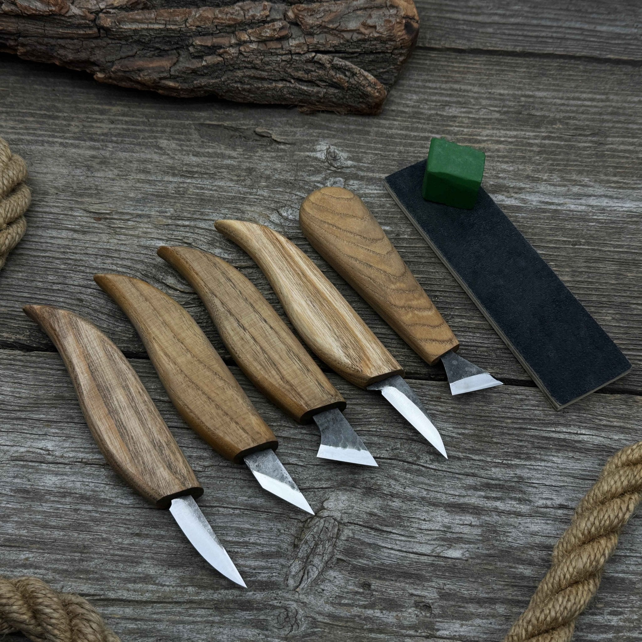 5-Piece Wood Carving Knife Set with Sharpening Board &amp; Leather Case