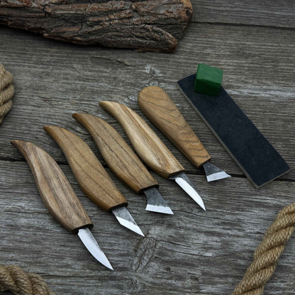 5-Piece Wood Carving Knife Set with Sharpening Board &amp; Leather Case