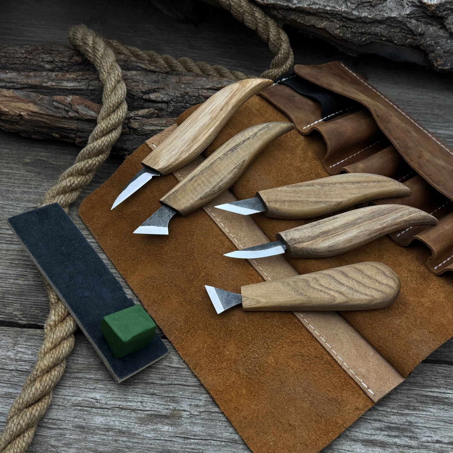 5-Piece Wood Carving Knife Set with Sharpening Board &amp; Leather Case