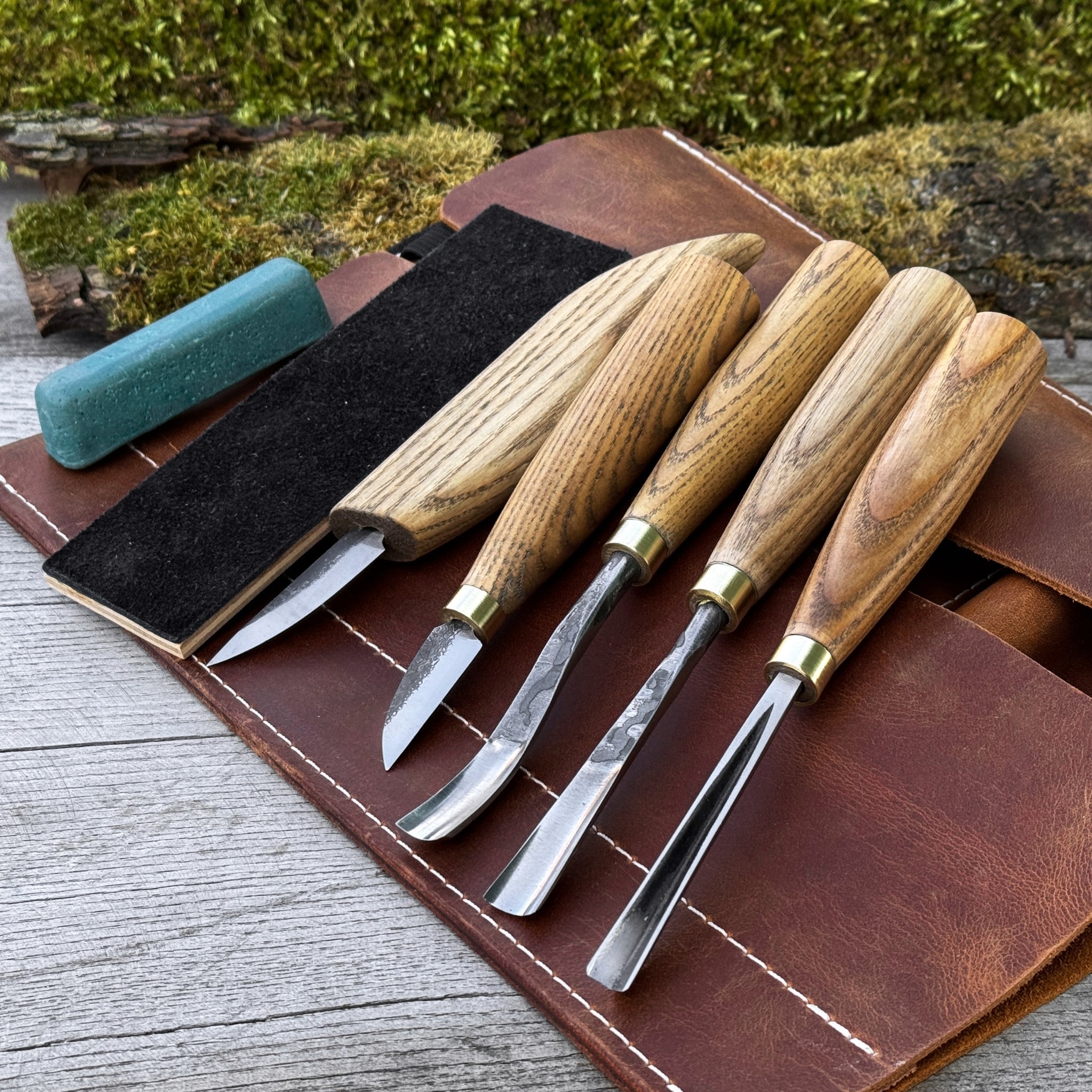 5-Piece Wood Carving Tool Set with Sharpening Board &amp; Leather Case