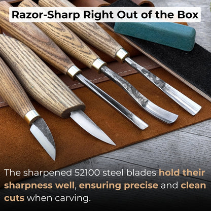 5-Piece Wood Carving Tool Set with Sharpening Board &amp; Leather Case