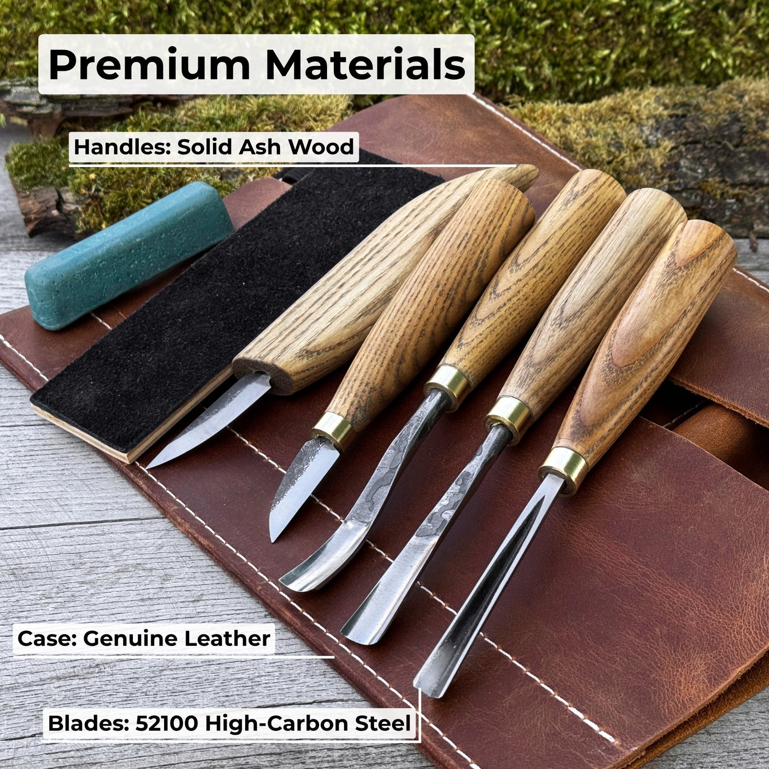 5-Piece Wood Carving Tool Set with Sharpening Board &amp; Leather Case