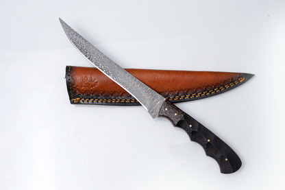 Titan International Knives Damascus Steel Fillet Knife — Blade with Honeycomb &amp; Dark Wood Hybrid Handle — Fishing &amp; Boning Tool TK-446
