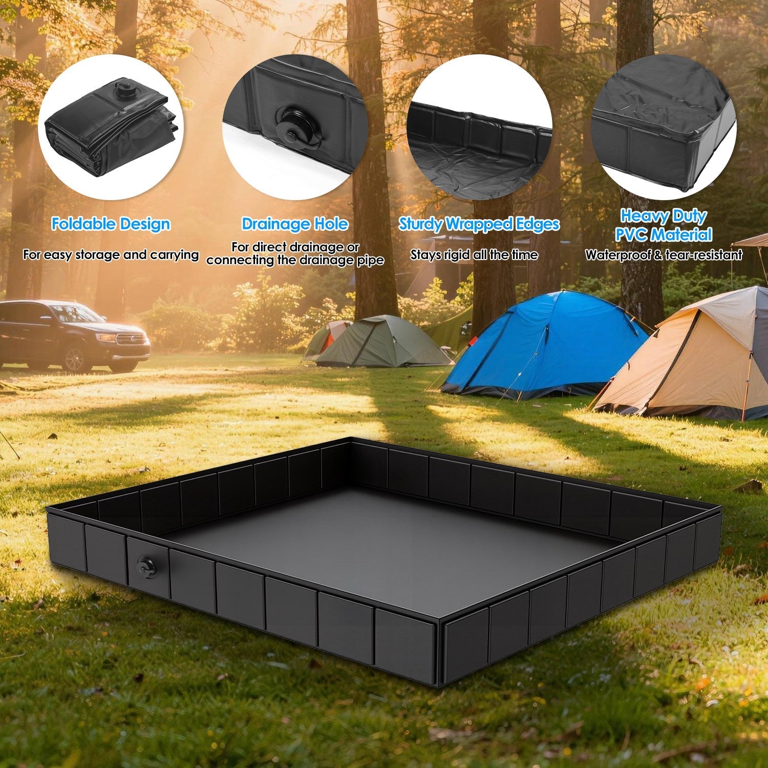 41x41x5.5in Portable Shower Pan Foldable Shower Basin Collapsible Camping Shower Tent Base with Detachable Drain Pipe for Indoor &amp; Outdoor