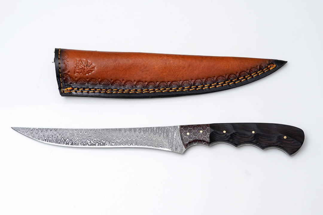 Titan International Knives Damascus Steel Fillet Knife — Blade with Honeycomb &amp; Dark Wood Hybrid Handle — Fishing &amp; Boning Tool TK-446