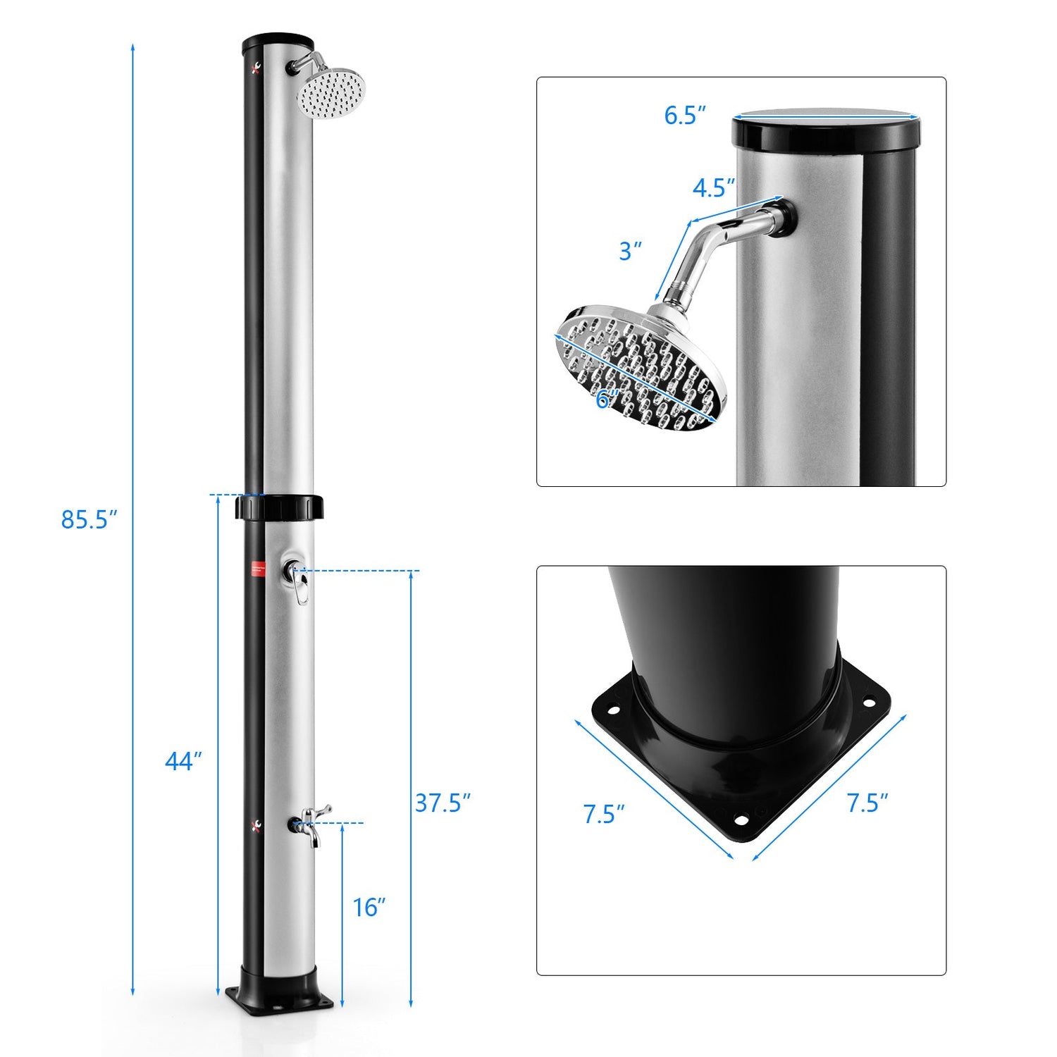 7.2 Feet Solar-Heated Outdoor Shower with Free-Rotating Shower Head