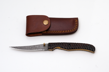 Hand-Forged Damascus Slim Folder | Textured Dark Wood Handle &amp; Intricate Spine File Work - TF-075