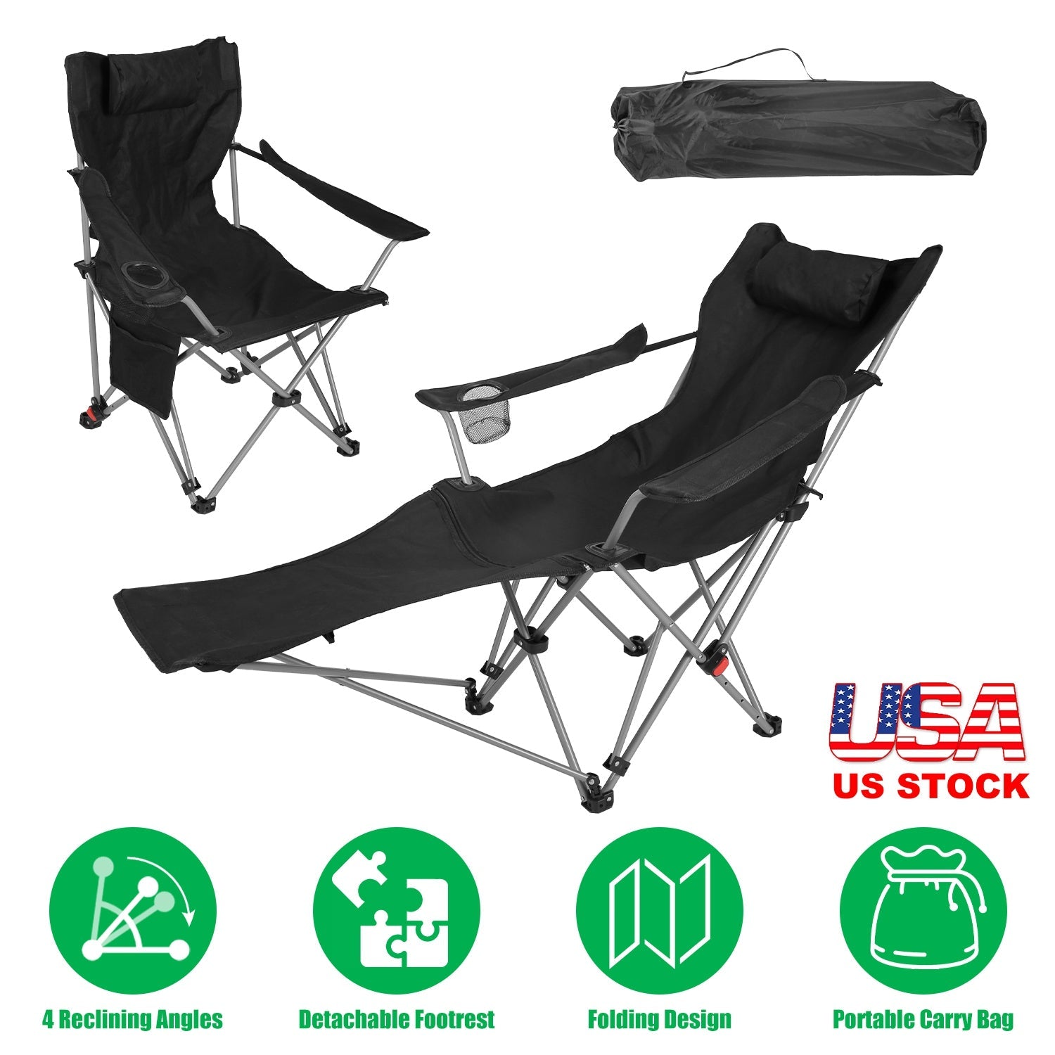 Reclining Camping Chair with Footrest 4-Position Adjustable Outdoor Folding Chair Heavy Duty Portable Camping Lounge Chair with Headrest Cup Holder &amp;