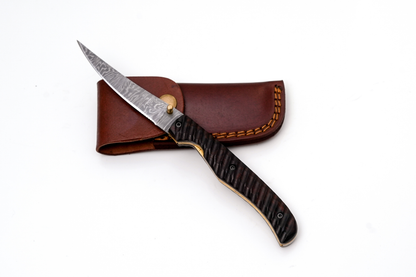 Hand-Forged Damascus Slim Folder | Textured Dark Wood Handle &amp; Intricate Spine File Work - TF-075