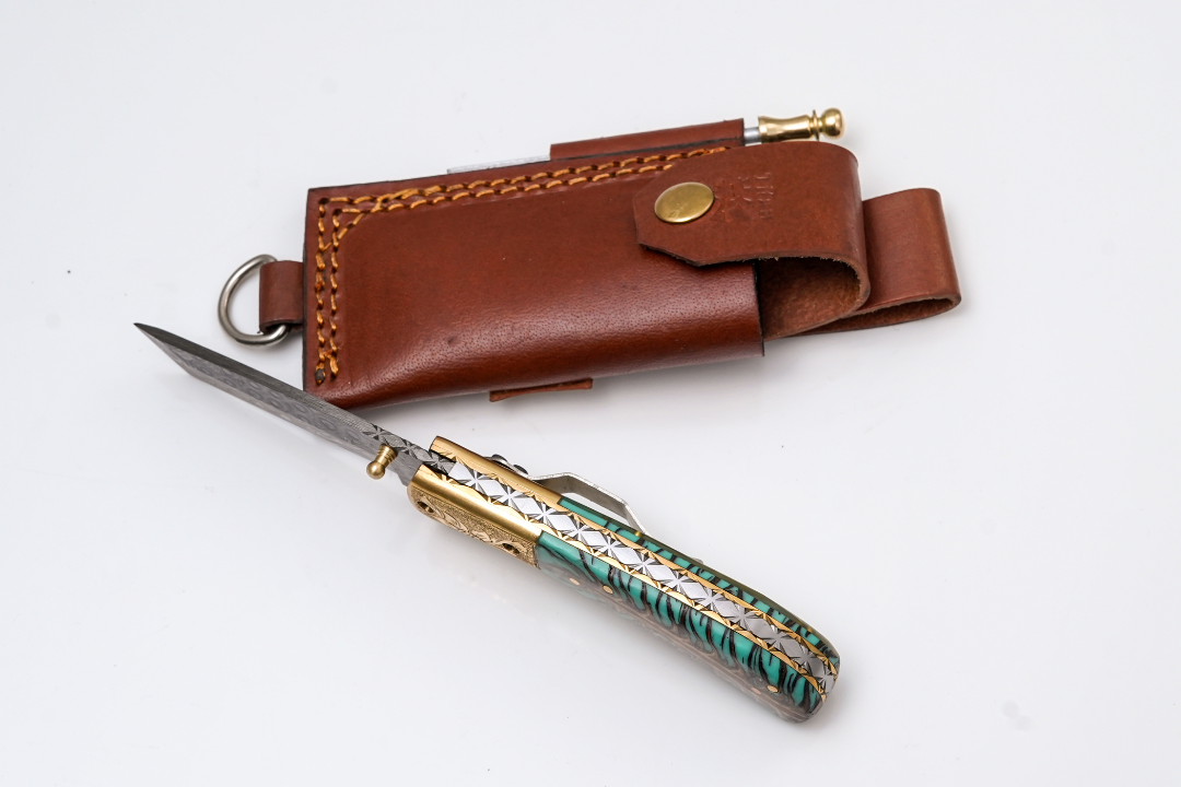 Hand-Forged Damascus Tanto Folder | Teal Pine Cone Handle with Engraved Brass Bolster &amp; Fire Starter - TF-072