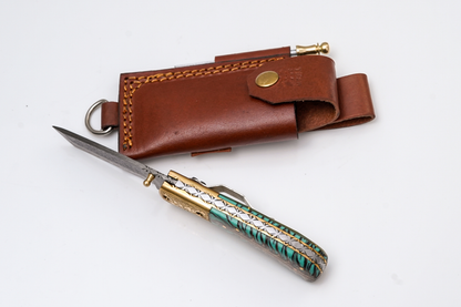 Hand-Forged Damascus Tanto Folder | Teal Pine Cone Handle with Engraved Brass Bolster &amp; Fire Starter - TF-072