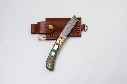 Hand-Forged Damascus Tanto Folder | Teal Pine Cone Handle with Engraved Brass Bolster &amp; Fire Starter - TF-072