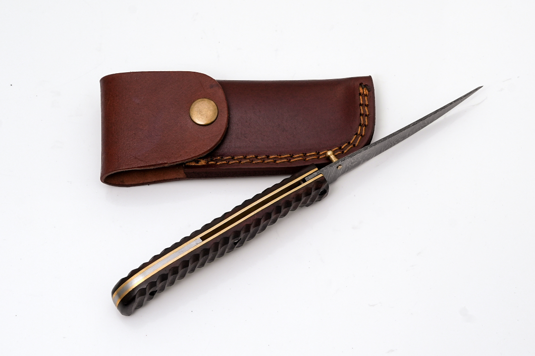 Hand-Forged Damascus Slim Folder | Textured Dark Wood Handle &amp; Intricate Spine File Work - TF-075