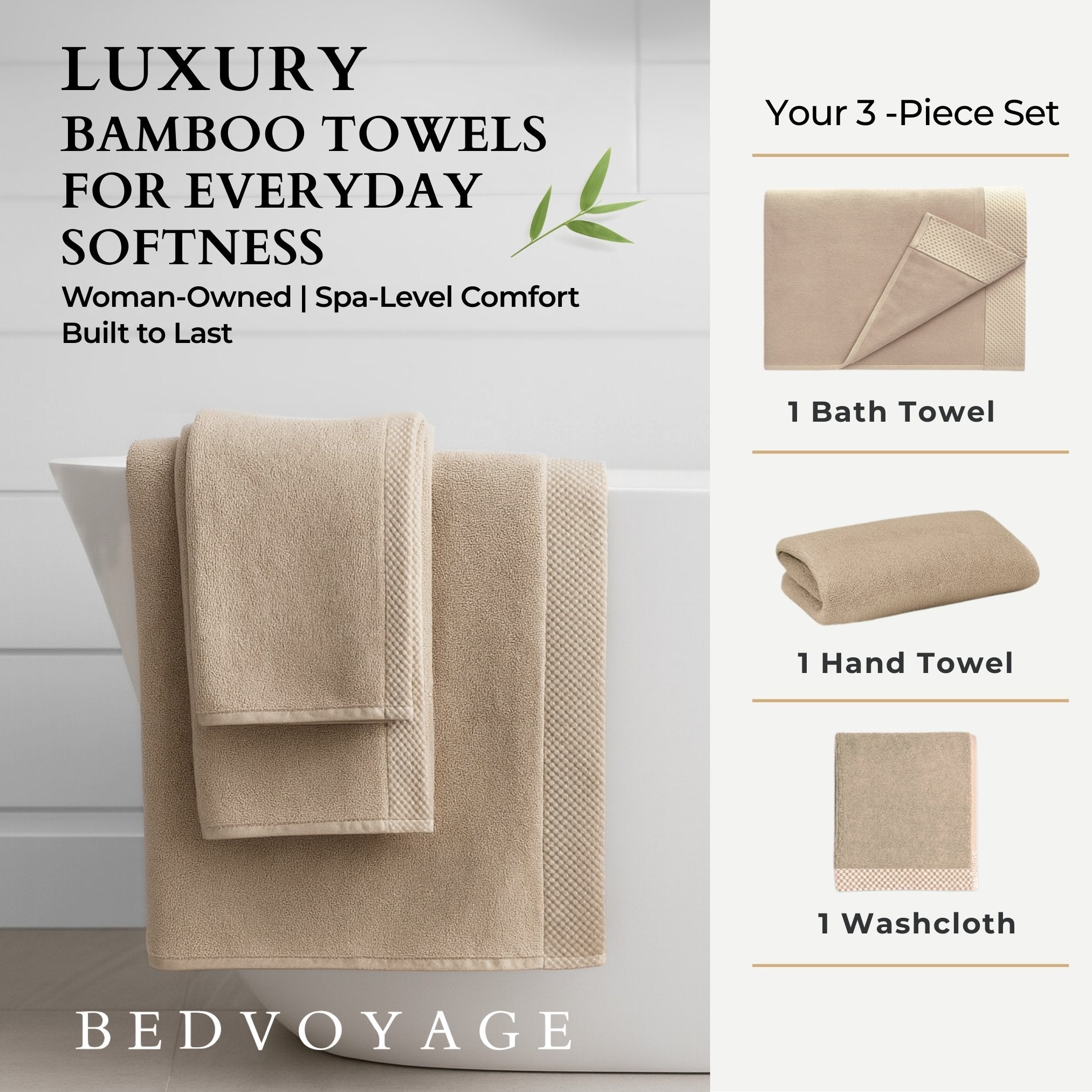 Bamboo 3 Piece Towel Set - Champagne