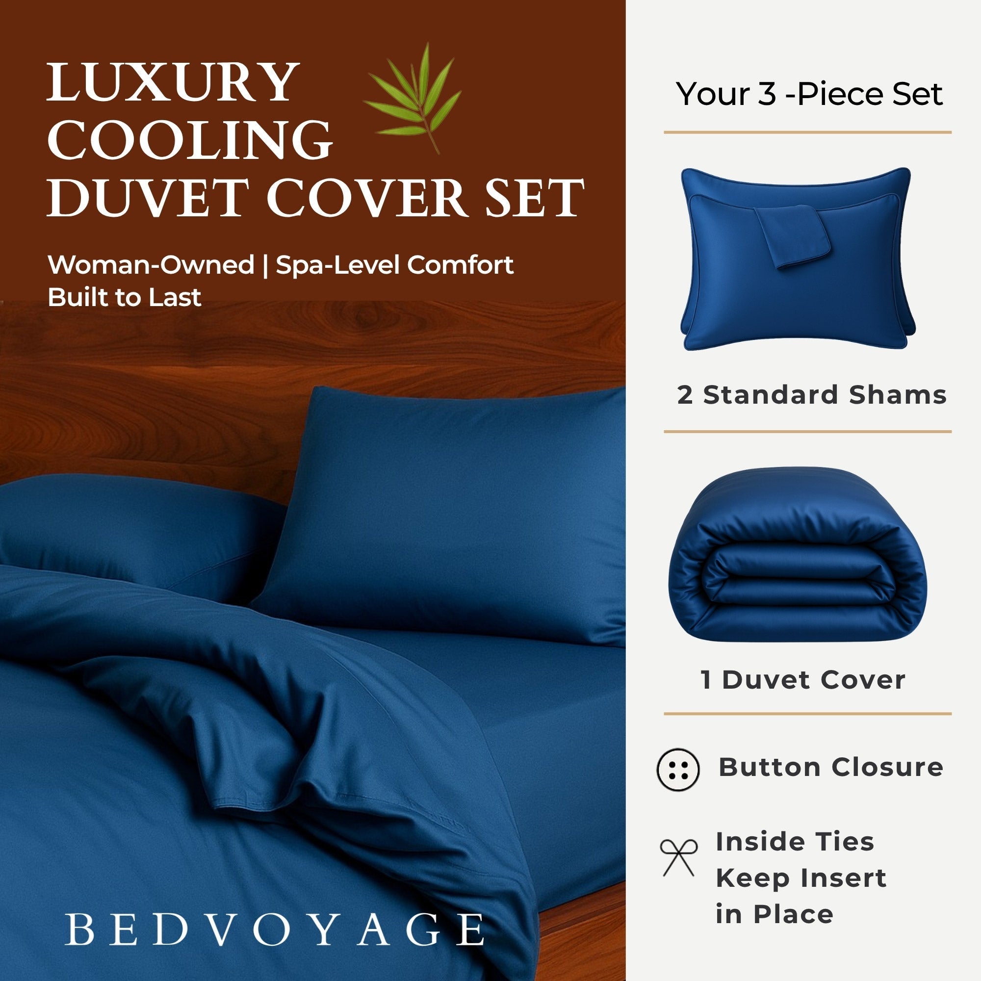 Bamboo Duvet Cover with Shams 3 Piece Set - Indigo