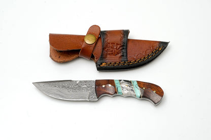 Hand-Forged Damascus Steel Field Knife | Custom Hybrid Wood &amp; Turquoise Handle | Premium Outdoor Utility Gear TK-459