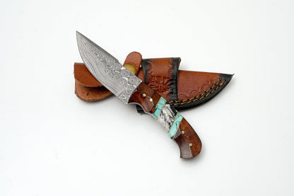 Hand-Forged Damascus Steel Field Knife | Custom Hybrid Wood &amp; Turquoise Handle | Premium Outdoor Utility Gear TK-459