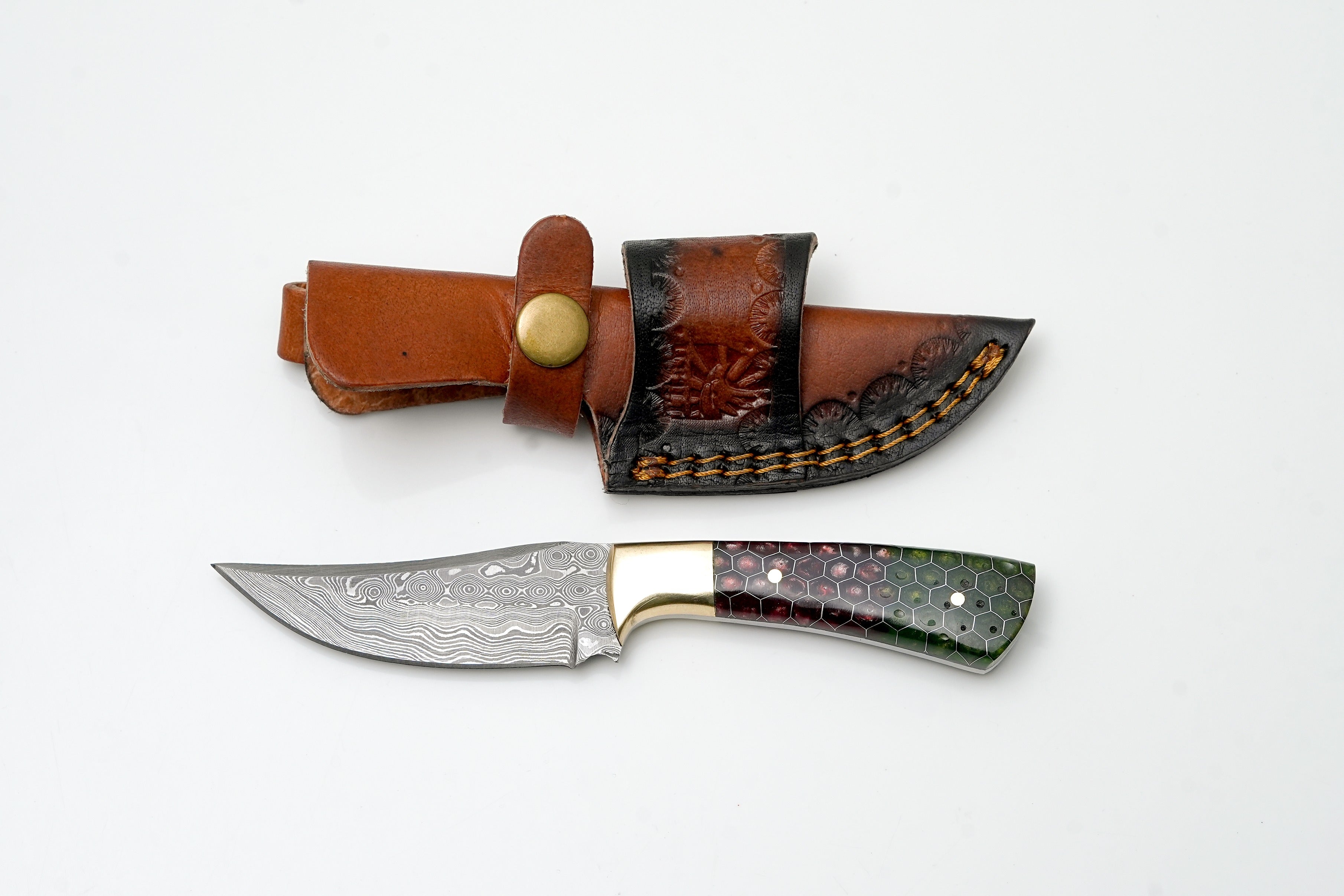 Hand-Forged Damascus Steel Field Knife | Custom Red &amp; Green Honeycomb Resin Handle | Brass Bolster Edition TK-462