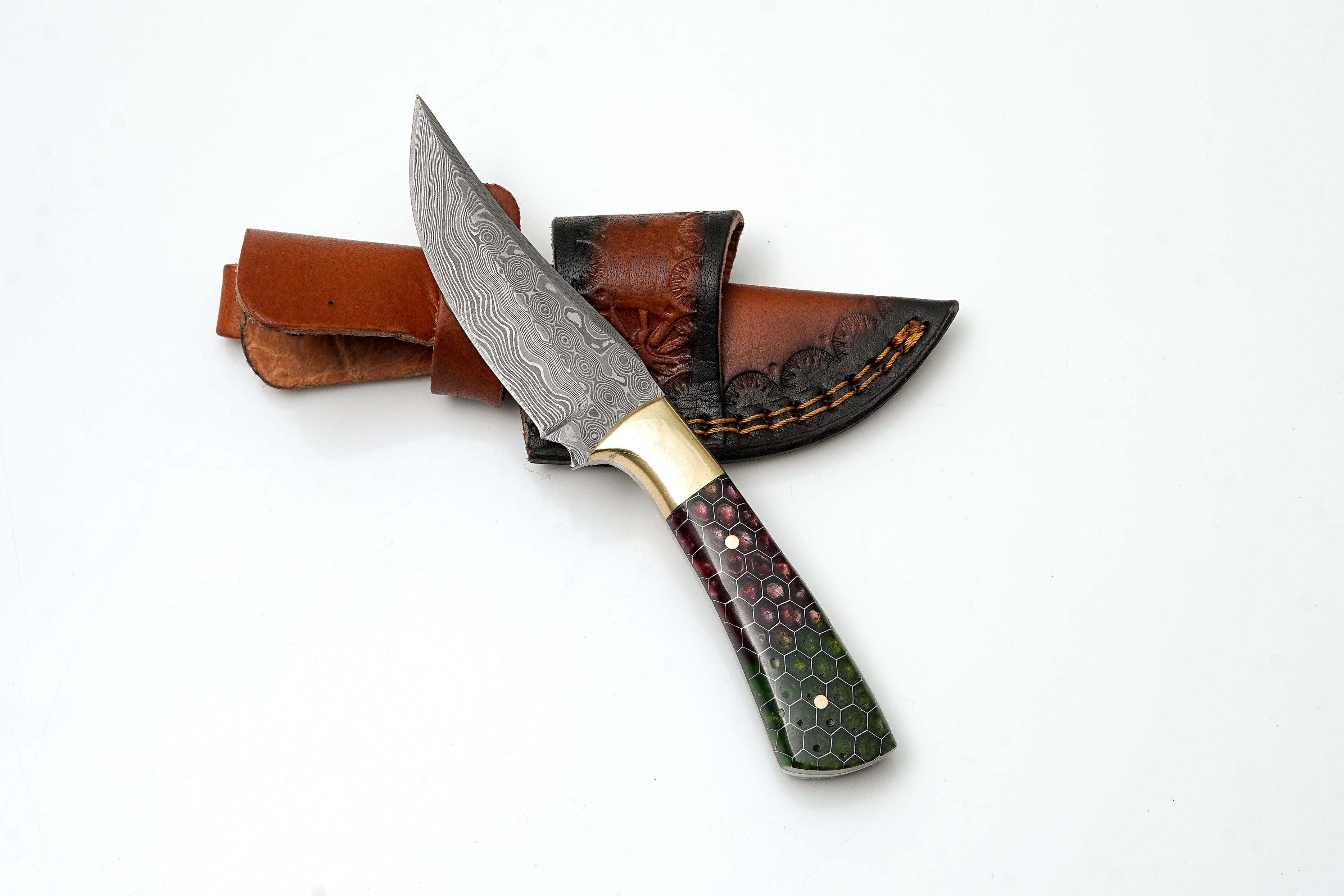 Hand-Forged Damascus Steel Field Knife | Custom Red &amp; Green Honeycomb Resin Handle | Brass Bolster Edition TK-462
