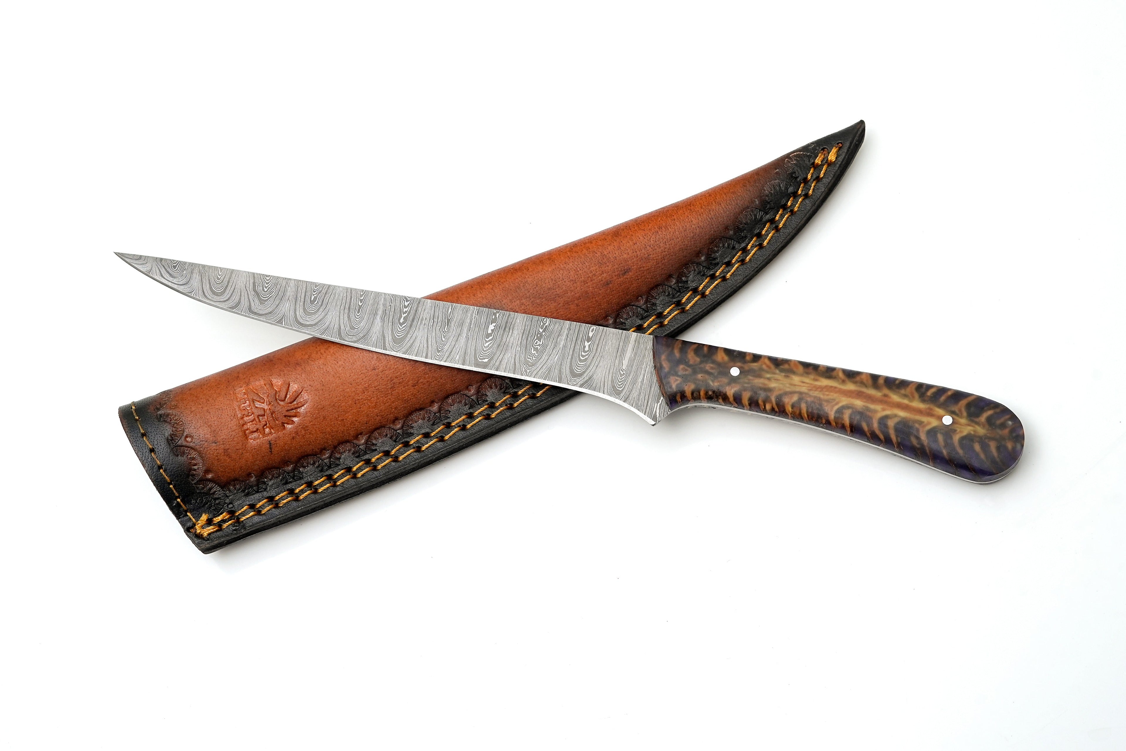 Hand-Forged Damascus Steel Fillet Knife | Custom Purple Pine Cone Resin Handle | Premium Fishing &amp; Boning Tool TK-466