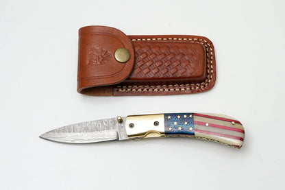 Patriotic American Flag Folding Knife | Hand-Forged Damascus Steel | Custom Blue Pocket Clip Edition TF-101