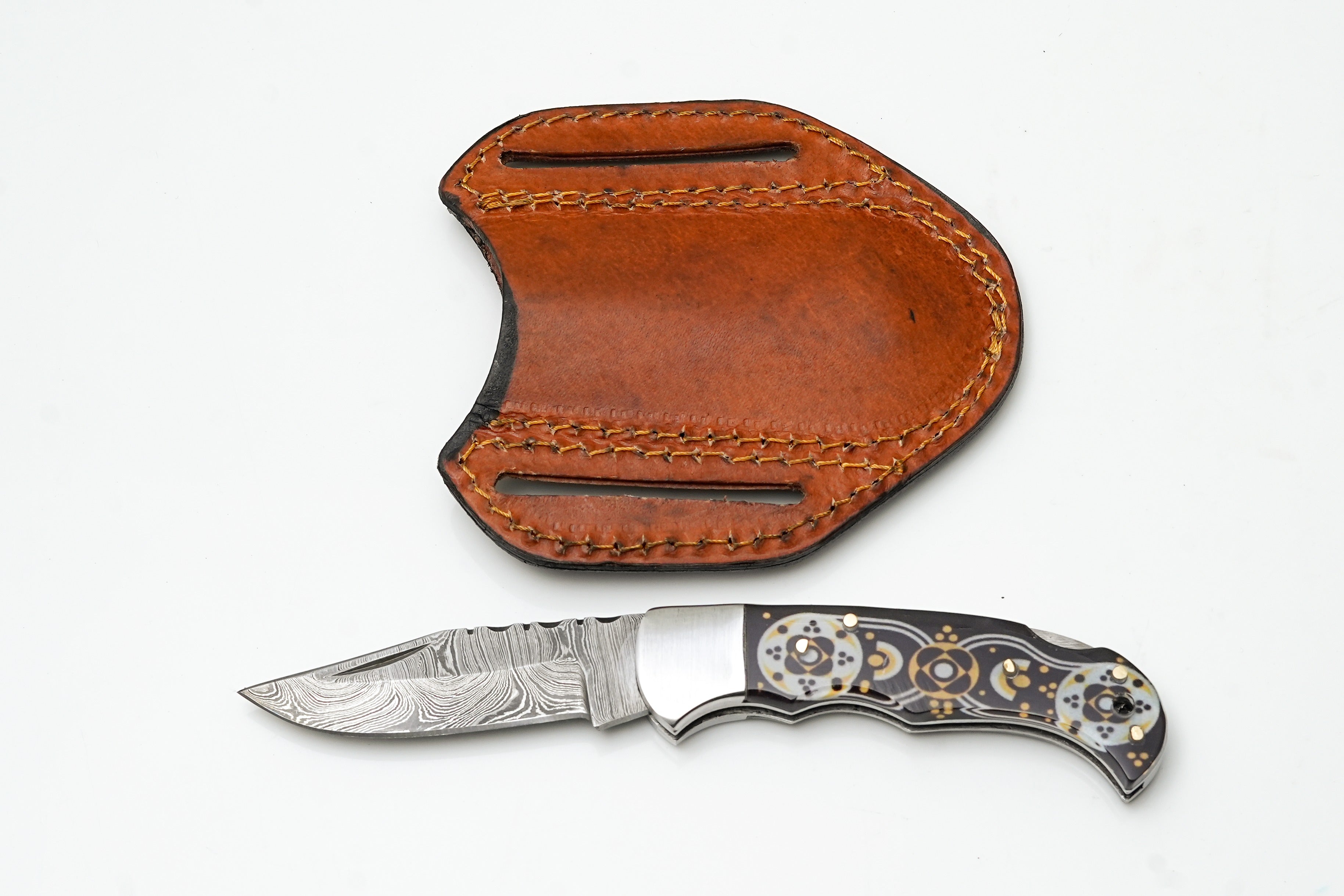 Hand-Forged Damascus Drop Point Folding Knife | Black &amp; Gold Mosaic Handle | Horizontal Carry TF-085