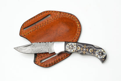 Hand-Forged Damascus Drop Point Folding Knife | Black &amp; Gold Mosaic Handle | Horizontal Carry TF-085
