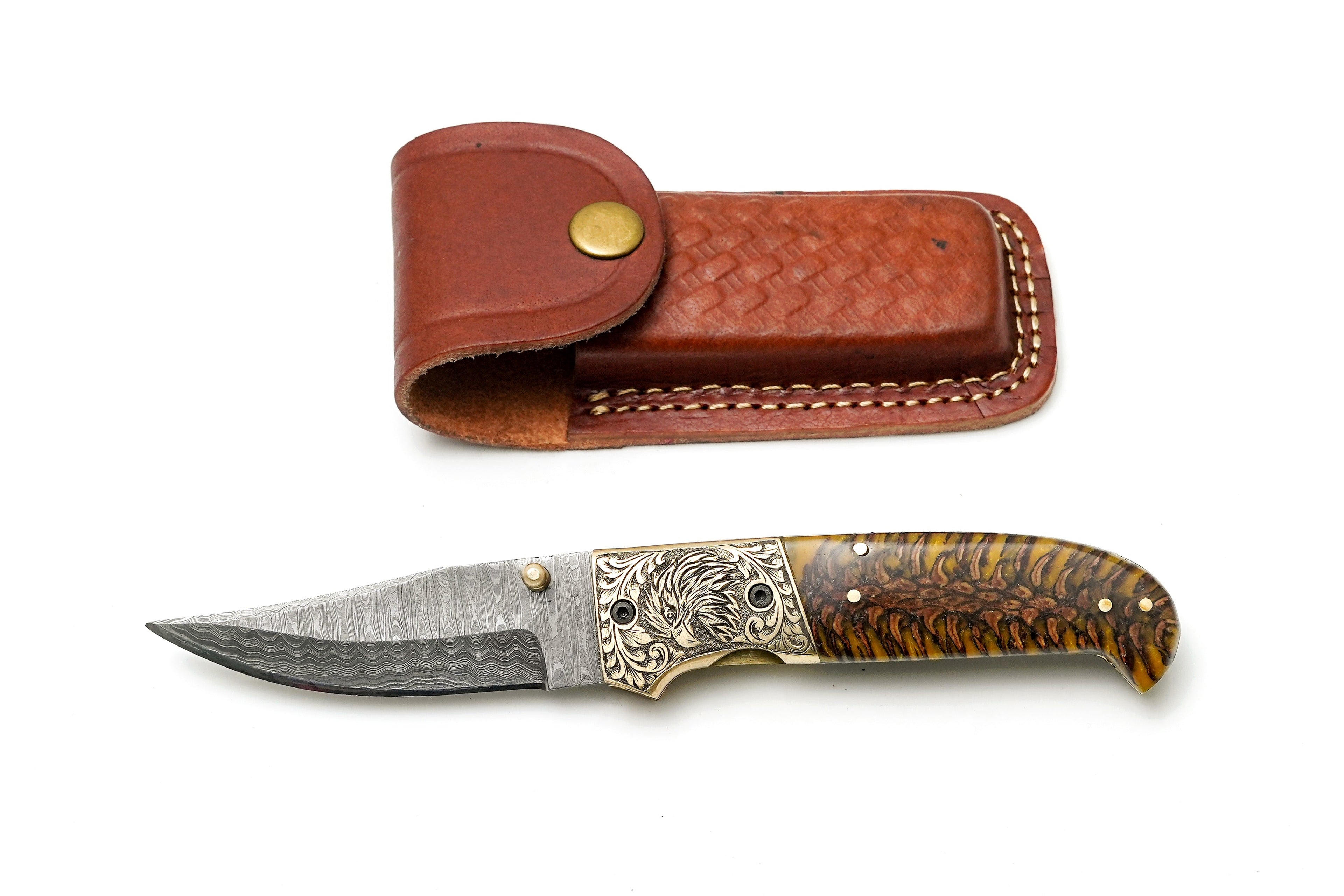 Custom Damascus Steel Clip Point Folding Knife | HAND Engraved Eagle Bolster &amp; Amber Pine Cone Handle TK-484