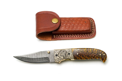 Custom Damascus Steel Clip Point Folding Knife | HAND Engraved Eagle Bolster &amp; Amber Pine Cone Handle TK-484