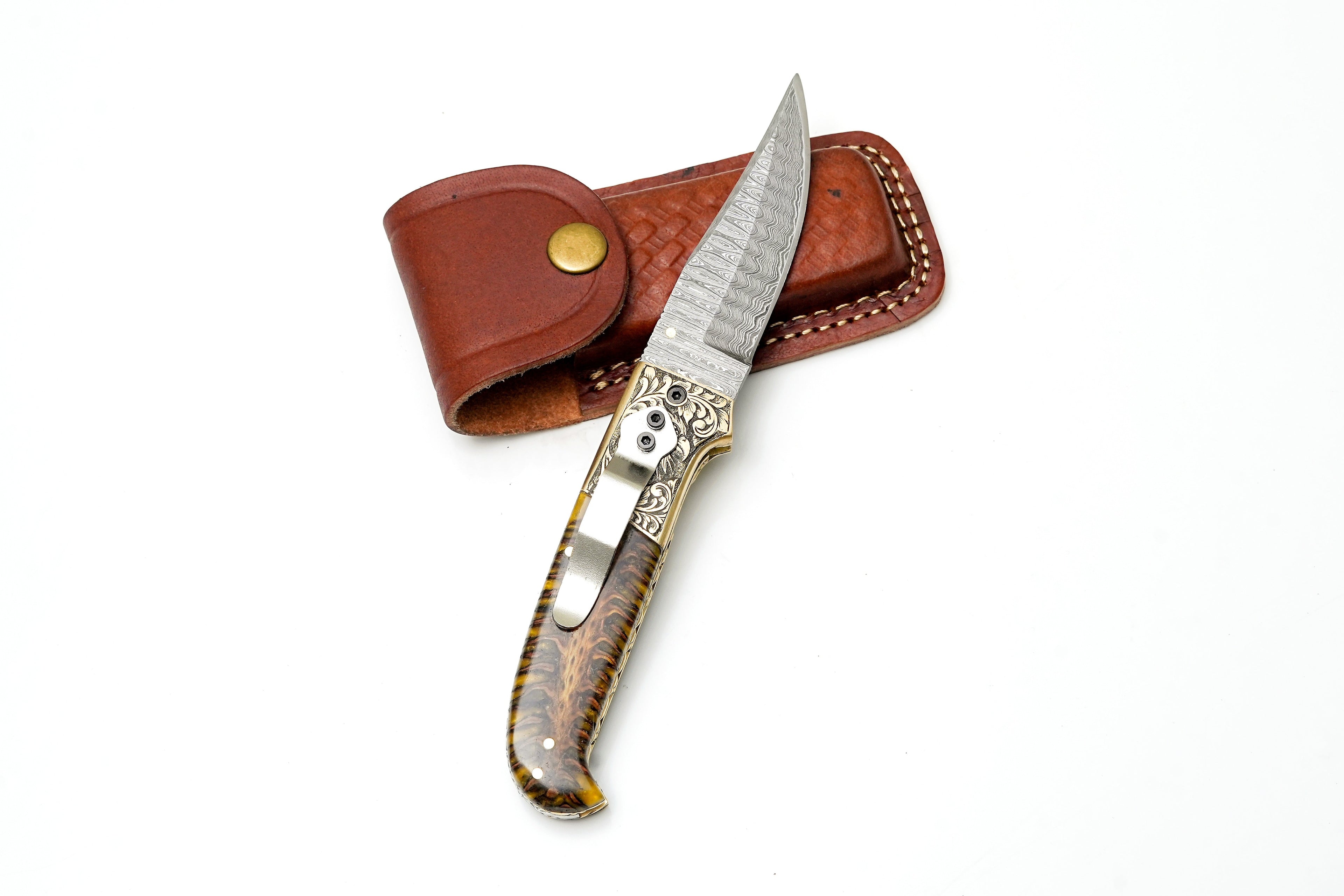 Custom Damascus Steel Clip Point Folding Knife | HAND Engraved Eagle Bolster &amp; Amber Pine Cone Handle TK-484