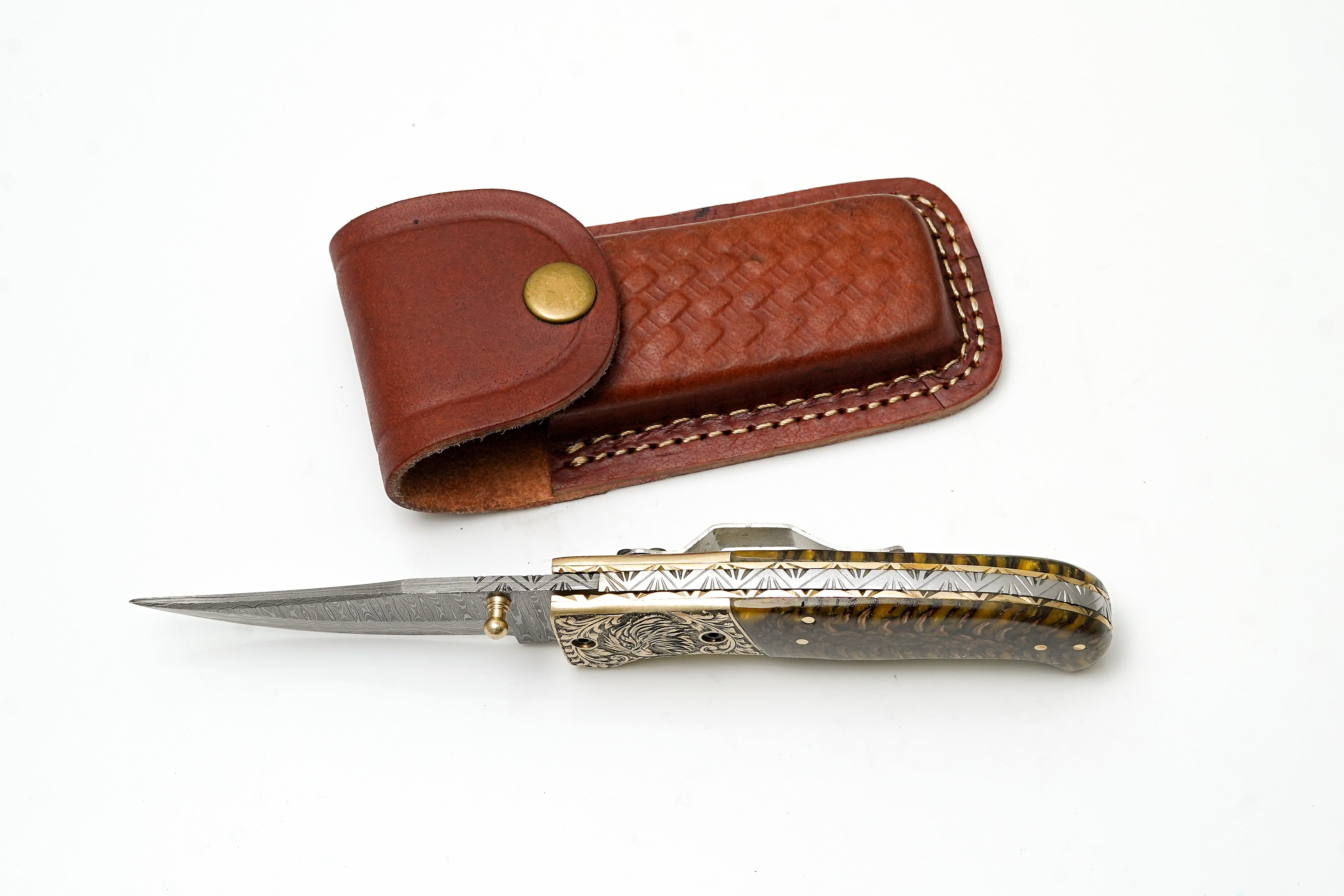 Custom Damascus Steel Clip Point Folding Knife | HAND Engraved Eagle Bolster &amp; Amber Pine Cone Handle TK-484