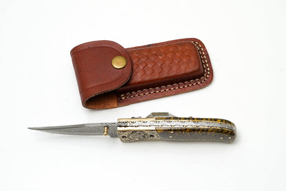Custom Damascus Steel Clip Point Folding Knife | HAND Engraved Eagle Bolster &amp; Amber Pine Cone Handle TK-484