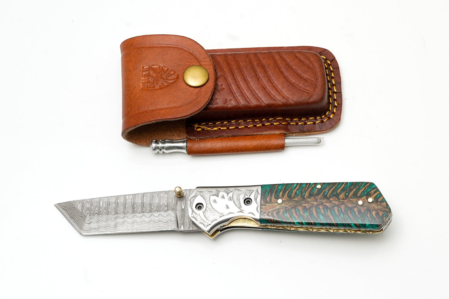 Damascus Steel Tanto Folding Knife | Engraved Bolster &amp; Green Pine Cone Handle | Includes Sharpening Rod TK-485