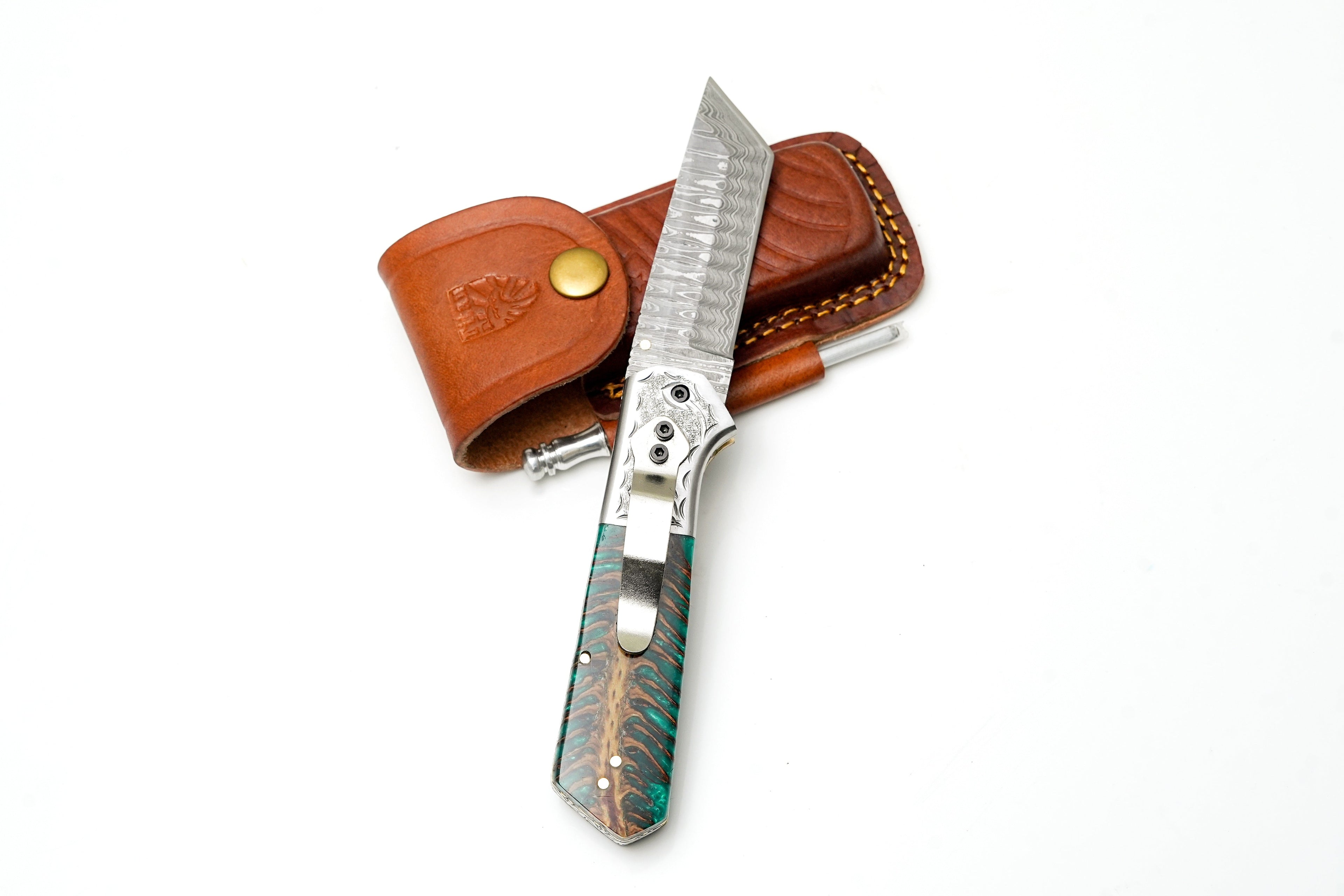 Damascus Steel Tanto Folding Knife | Engraved Bolster &amp; Green Pine Cone Handle | Includes Sharpening Rod TK-485
